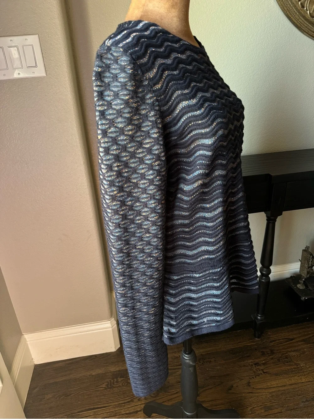 Tory Burch Lurex Blue Metallic Wave Scallop Knit Sweater Large Merino Wool L